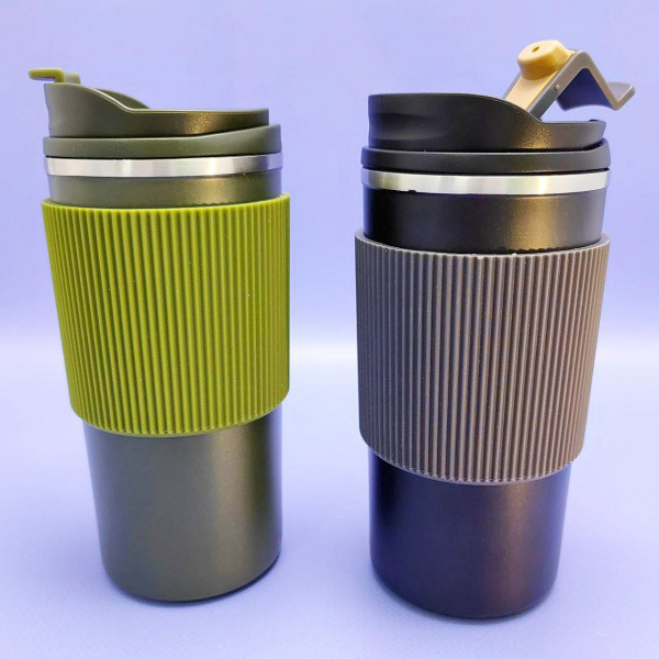 Термокружка с прорезиненным покрытием 450 мл. / Термостакан из нержавеющей стали, Зеленый цвет